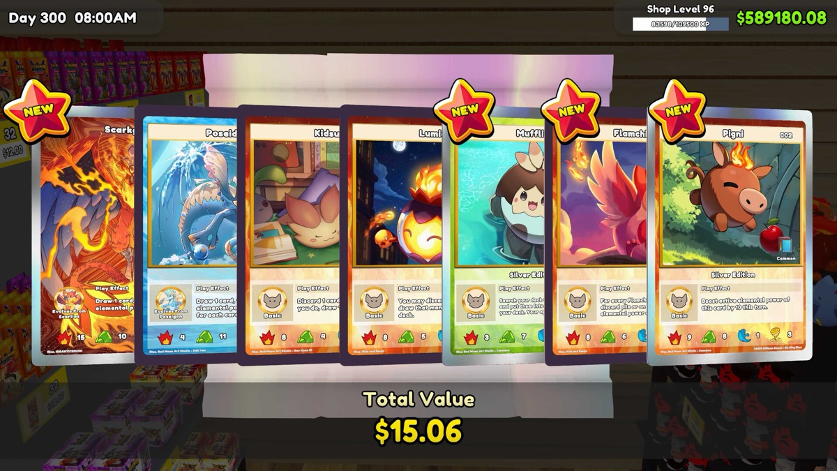 A row of newly opened Tetramon cards in TCG Card Shop Simulator